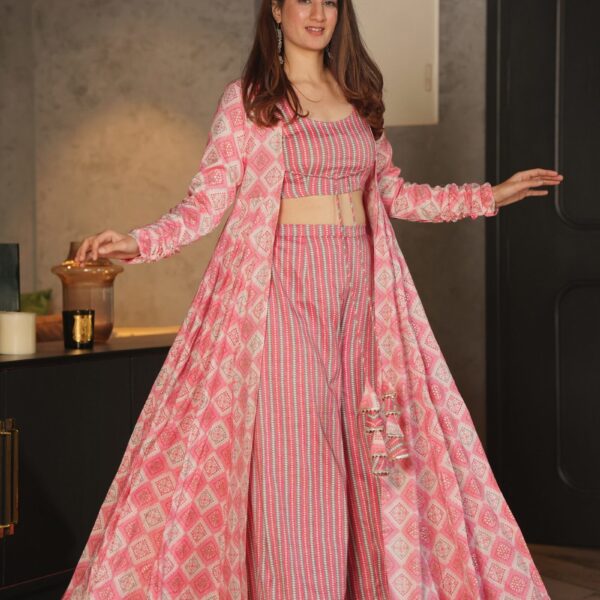 Barbie Pink Printed Shrug Style Indo Western Gown For Women