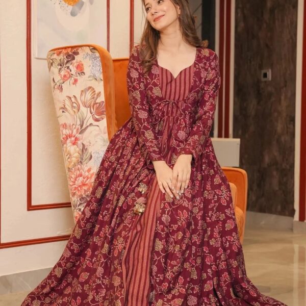 Maroon Floral Full Flair Shrug set for women