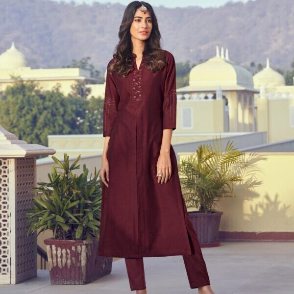 Wine Color Latest Roman Silk Kurti With Pant