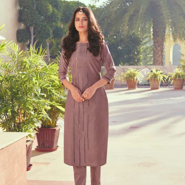 Lilac Brown Embroidery Work Roman Silk Kurta Set