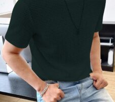 Men Solid Round Neck Waffle Dark Green T-Shirt