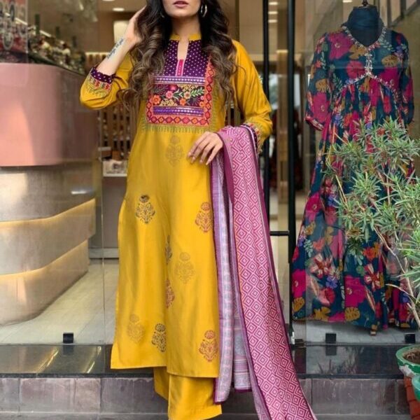 Women Embroidered Straight Kurta Set with Dupatta