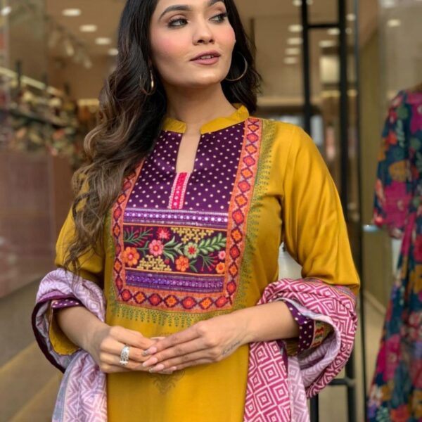 Women Embroidered Straight Kurta Set with Dupatta