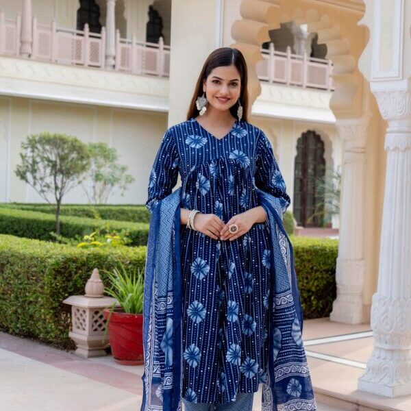 Women Blue Indigo Kurta and Pant Set With Dupatta