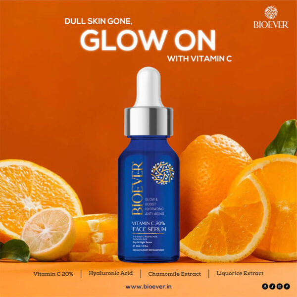 Bioever 20% Vitamin C Serum with Hyaluronic Acid, Niacinamide, Liquorice Extract for Glowing Skin, Hyperpigmentation & Dull Skin - 30ml