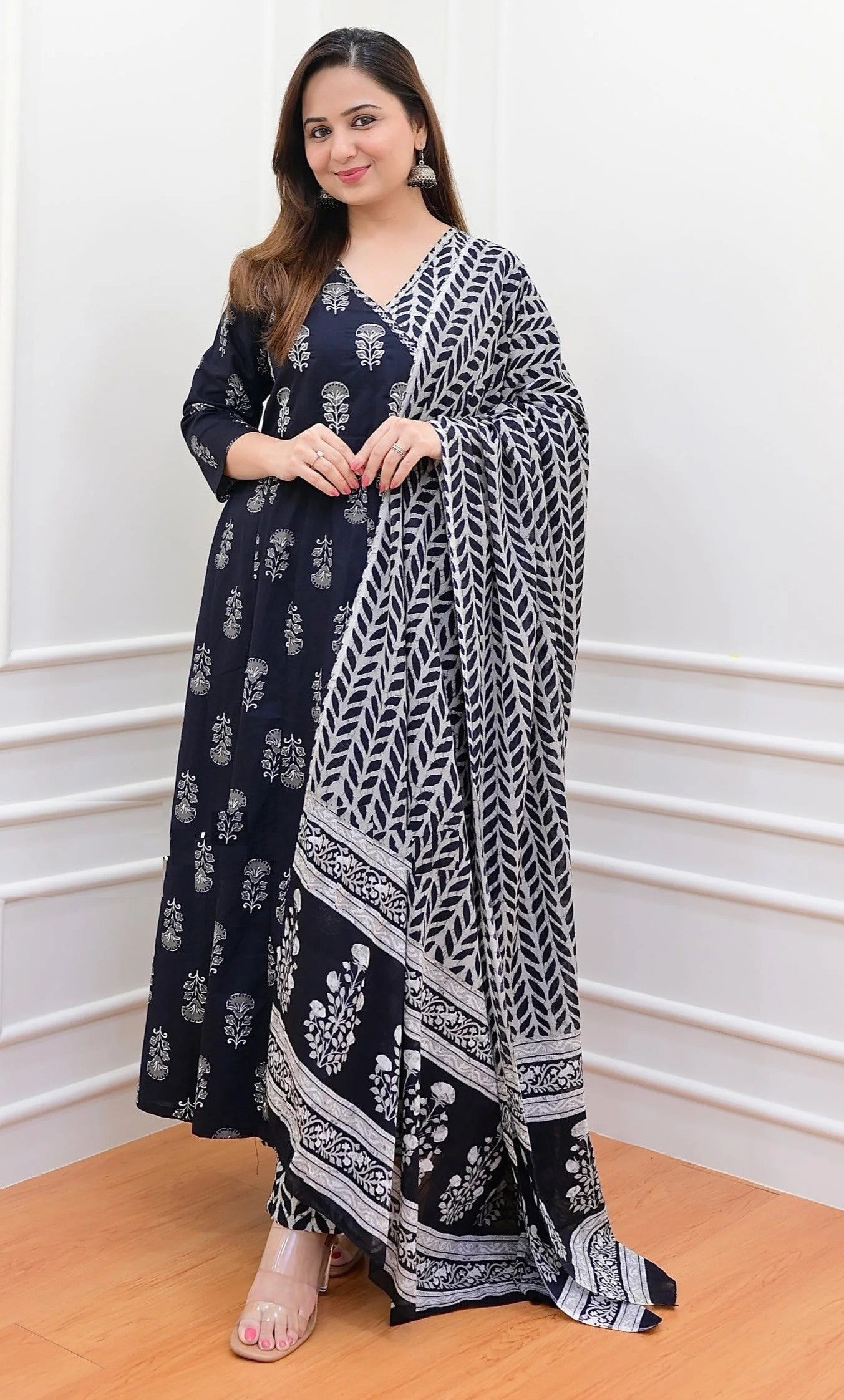 1712145407-1831822706 Women Block Printed Kurta Set with Dupatta In Black Color Dropshipera