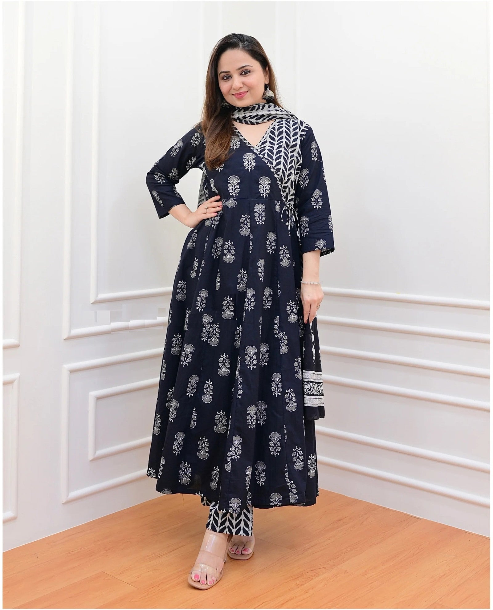 1712145415-1000850964 Women Block Printed Kurta Set with Dupatta In Black Color Dropshipera