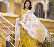 Block Printed Kurta and Pant Set with Dupatta in Yellow Color for Women