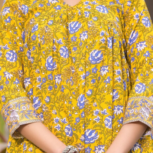 Block Printed Kurta and Pant Set with Dupatta in Yellow Color for Women