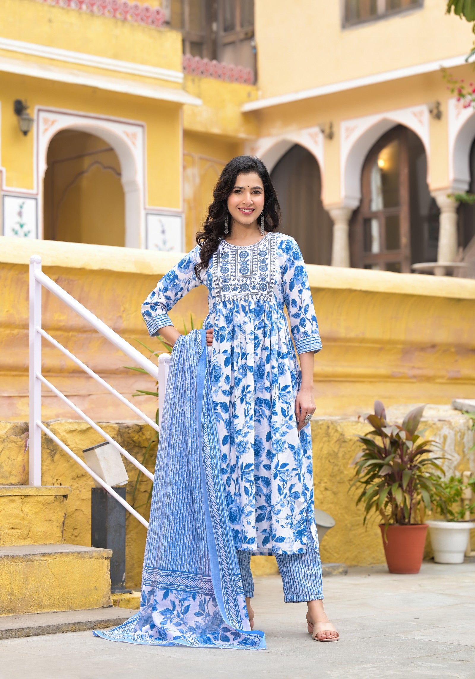 1712214219-1043861584 Blue and White Simple Daily Wear Kurta Set for Women Dropshipera