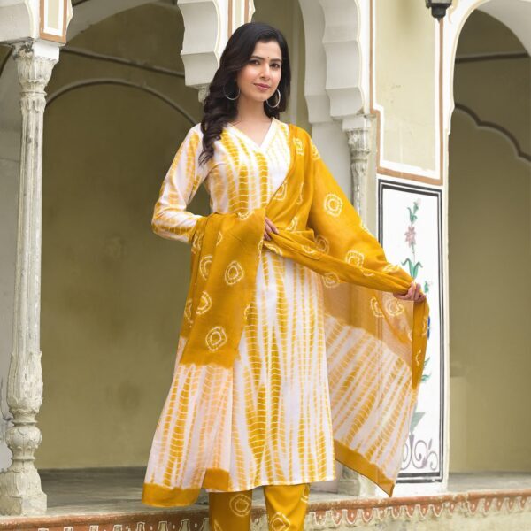 Yellow and White Tie Die printed Kurta Set with Bottom and Dupatta