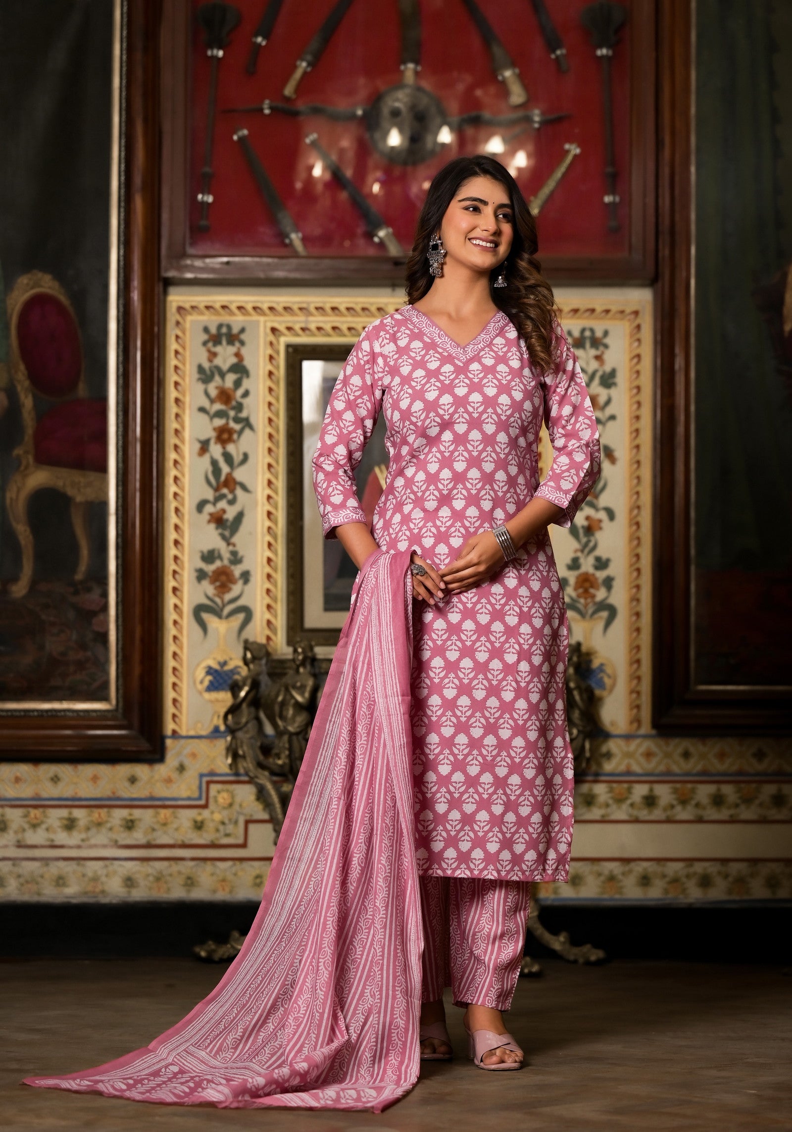 1713438258-1301196855 Baby Pink Printed Casual Wear Kurta Set with Bottom wear and Dupatta Dropshipera