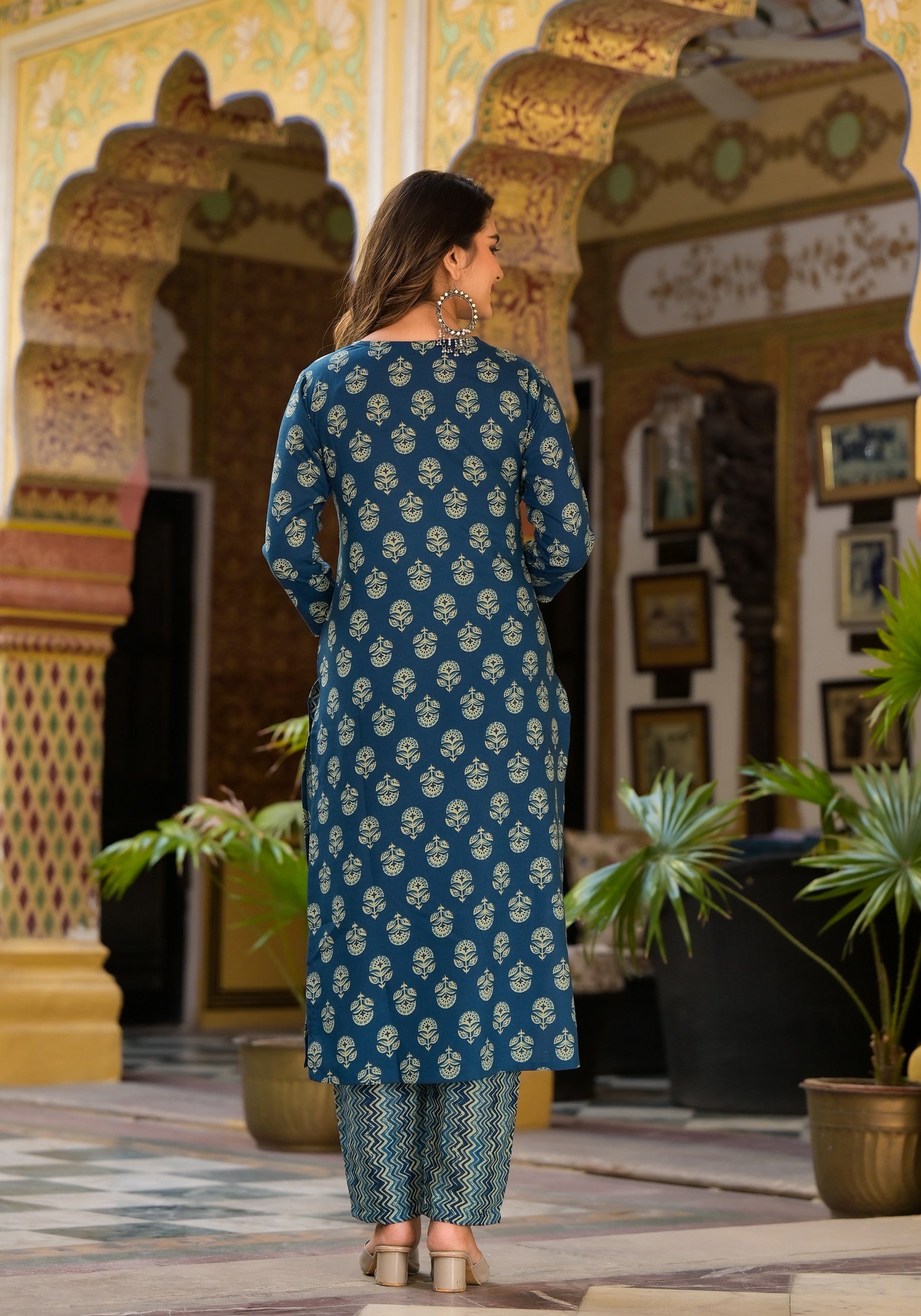 1713443187-655052411 Block Printed Teal Blue Kurta Set with Bottom Wear and Dupatta Dropshipera