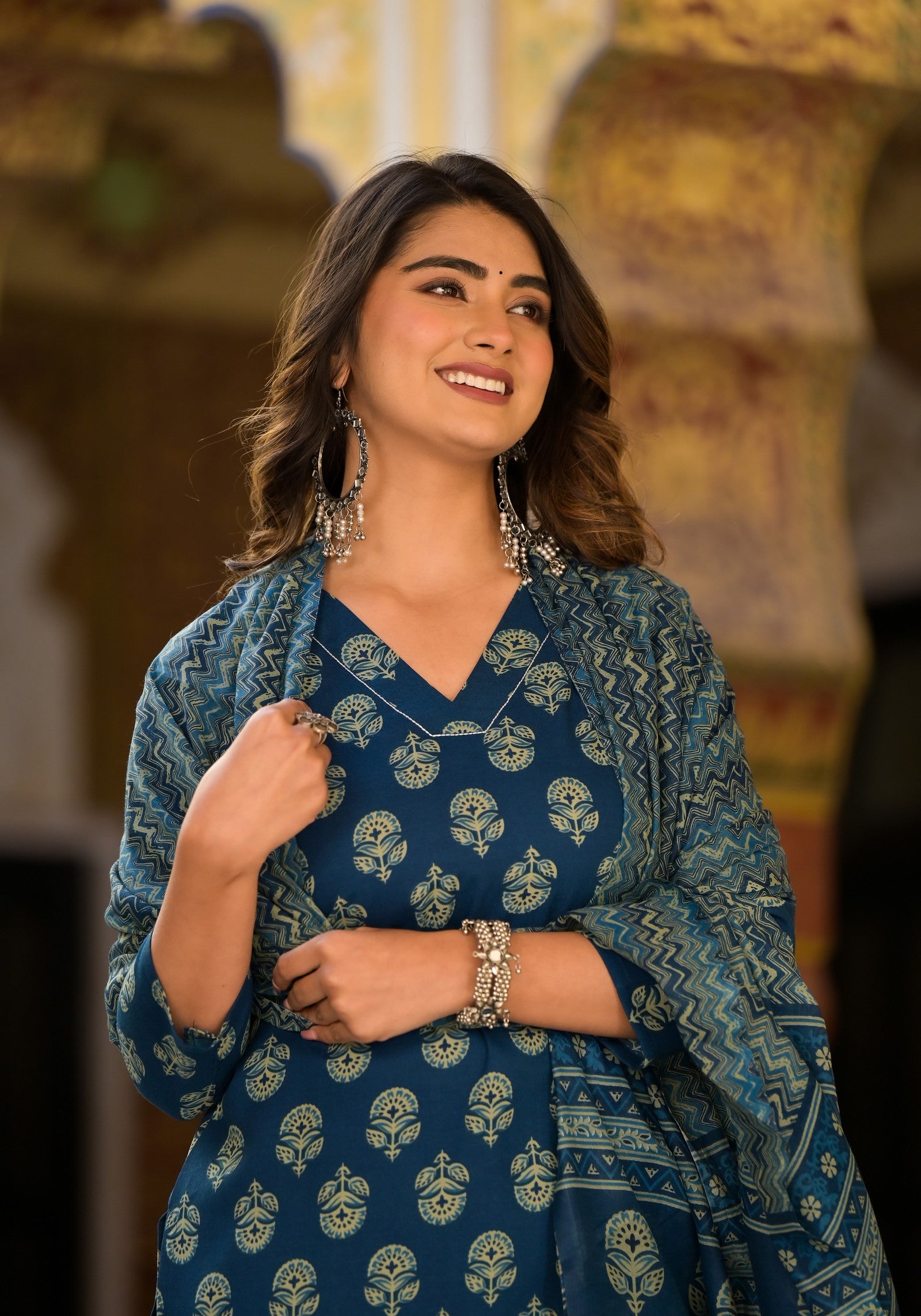 1713443187-900852821 Block Printed Teal Blue Kurta Set with Bottom Wear and Dupatta Dropshipera