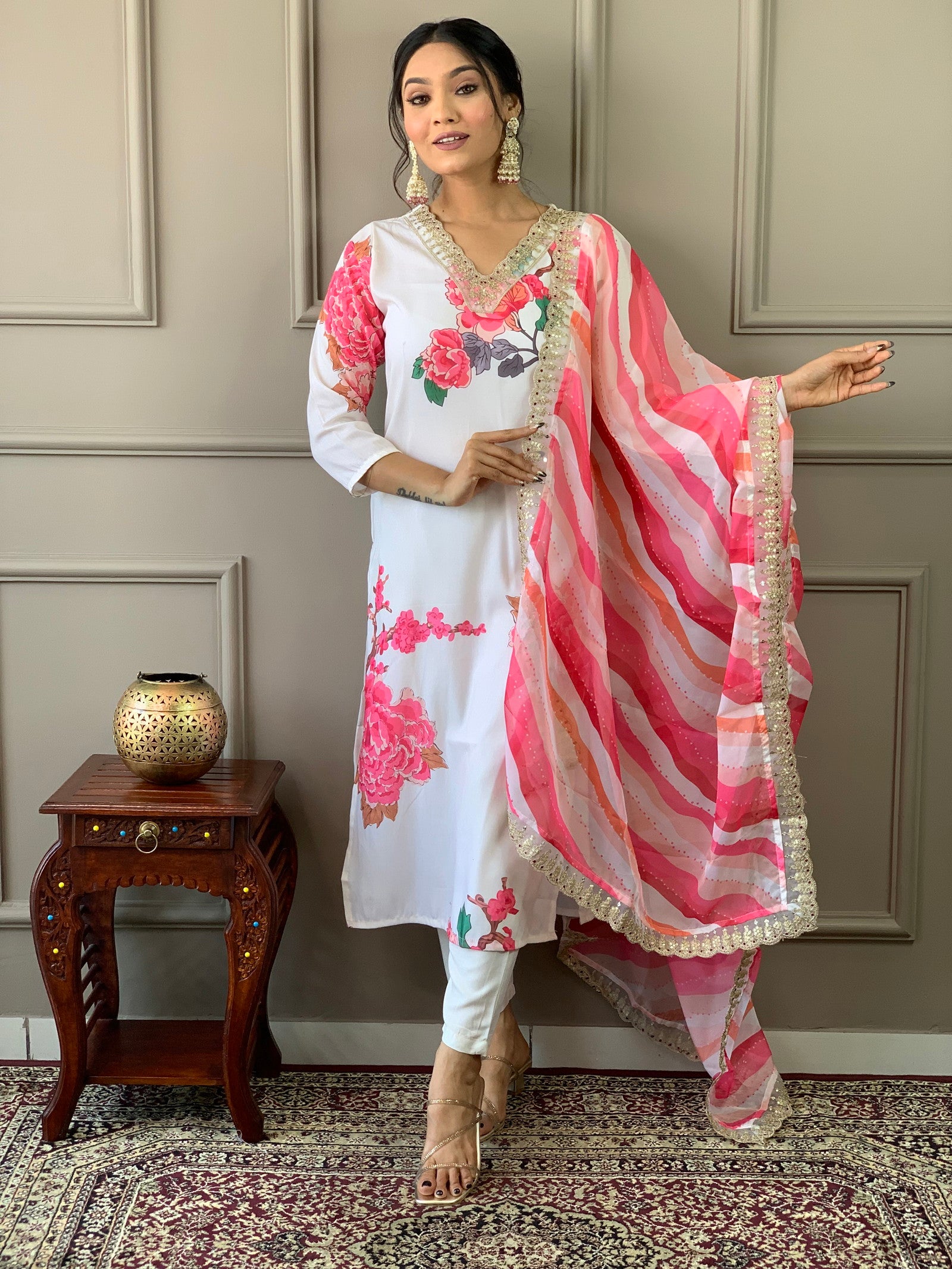 Designer White Floral Kurta Set with Bottom and Dupatta Dropshipera