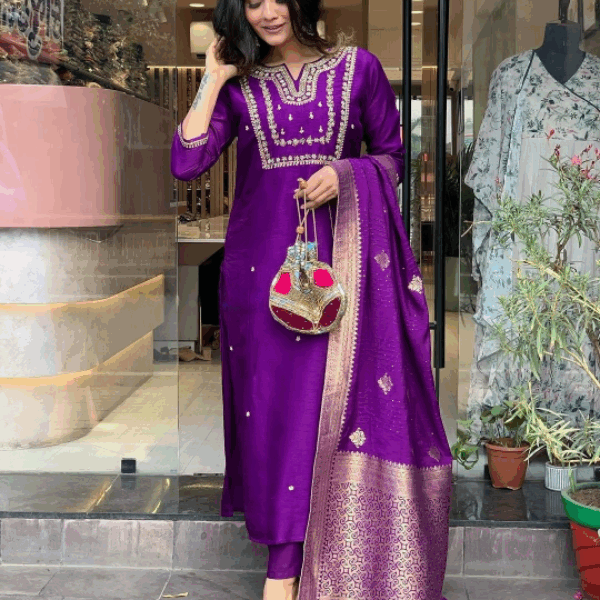 Designer Pure Viscose Jacquard Kurta With Pant And Heavy Dupatta