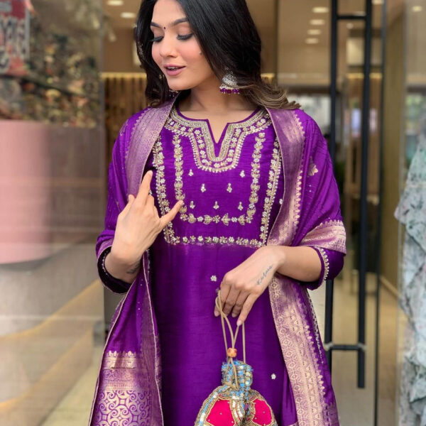 Designer Pure Viscose Jacquard Kurta With Pant And Heavy Dupatta