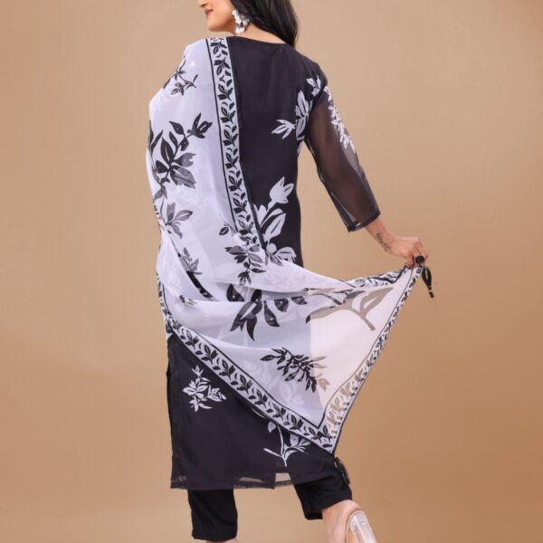 Floral Design Black Kurta Set with Bottom and Dupatta