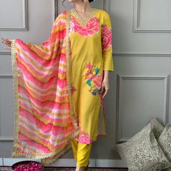Designer Floral Kurta Set with Bottom and Dupatta