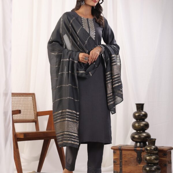 Grey Embordered A Line Kurta Set With Dupatta
