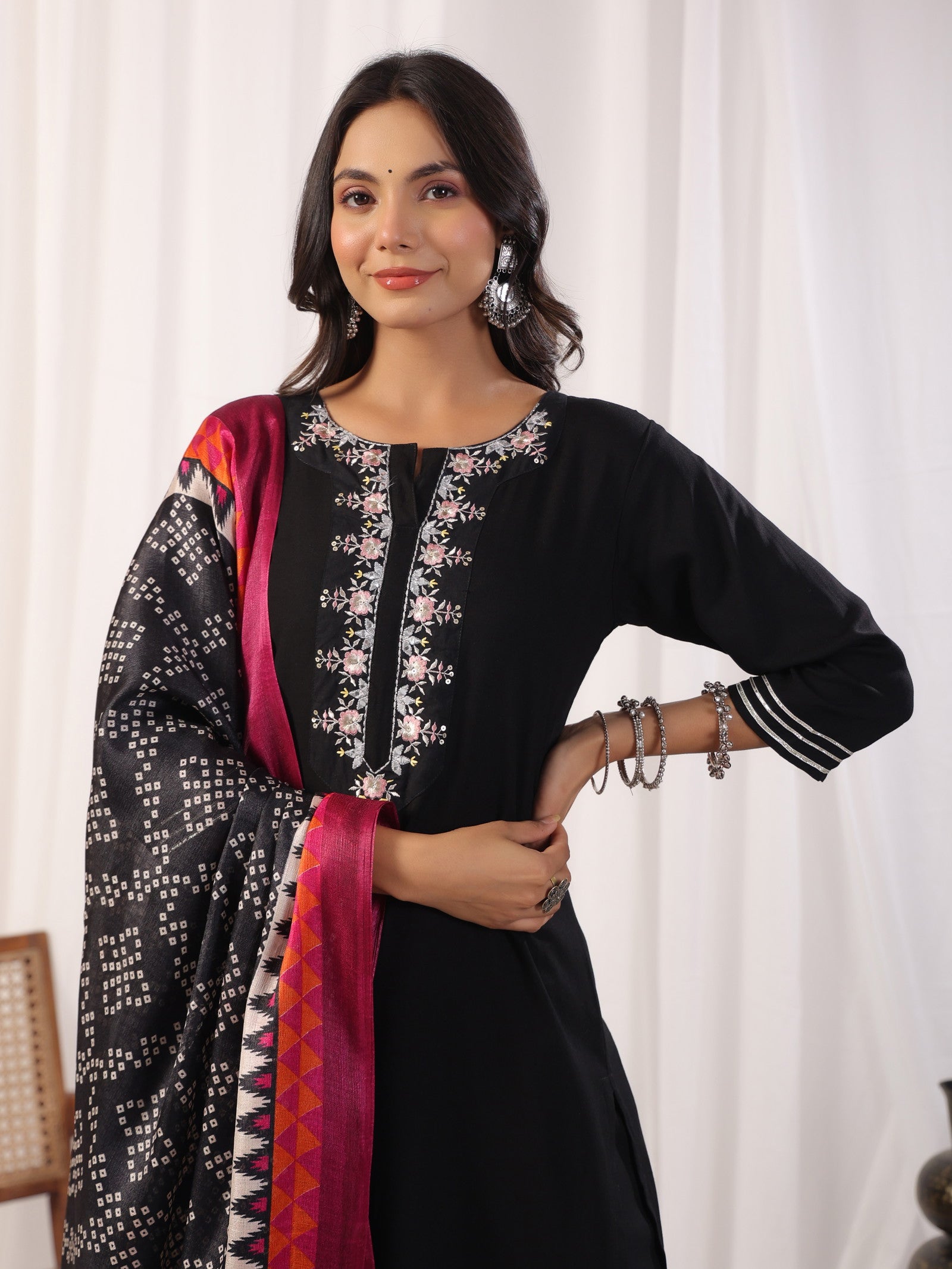 1719993075-628435080 Black Embordered Rayon Kurta Set With Dupatta And Bottom Dropshipera