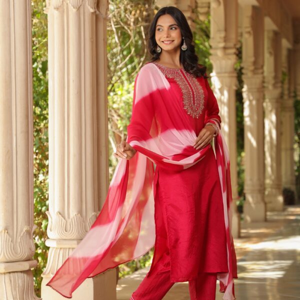 Fuchsia Pink Embroidered Designer Kurta With duppata and Bottom