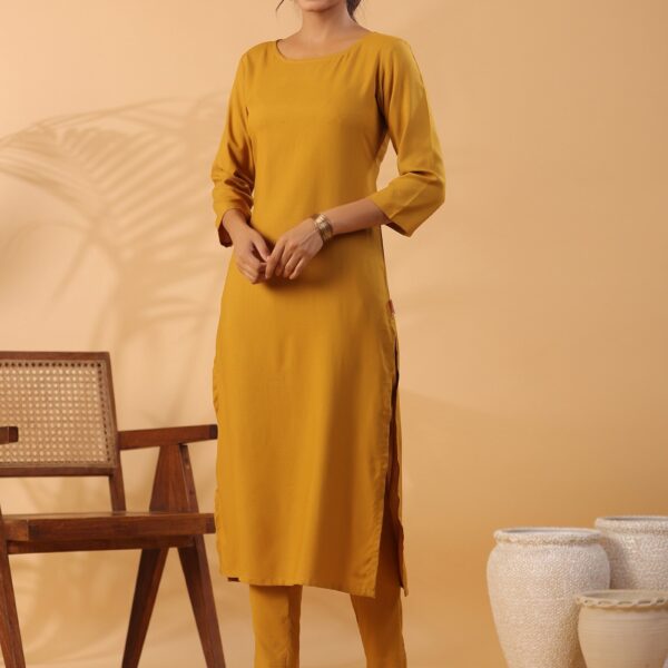 Mustard yellow Round Neck Straight Kurta With Trouser