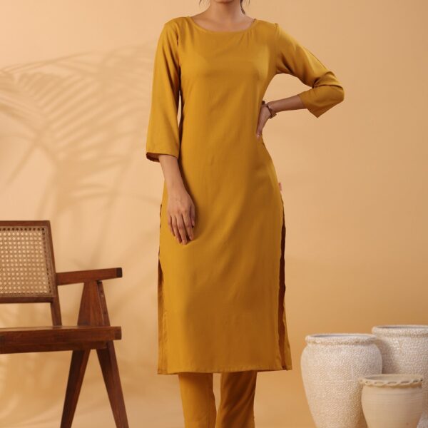 Mustard yellow Round Neck Straight Kurta With Trouser