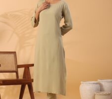 Beige Boat Neck Straight Kurta with Trousers