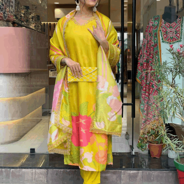 Yellow Beautiful and Simple Straight Kurta Set with Bottom and Dupatta