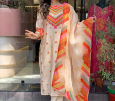 Cream Women Embroidered Straight Kurta Suit Set