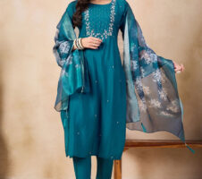Beautiful Teal Blue Embroidered Kurta Set with Bottom Wear and Dupatta