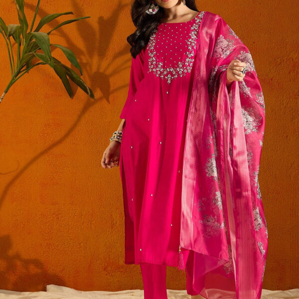 Beautiful Pink Embroidered Kurta Set with Bottom Wear and Dupatta