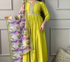 Lemon Yellow Viscose Chanderi Kurta with bottom and dupatta