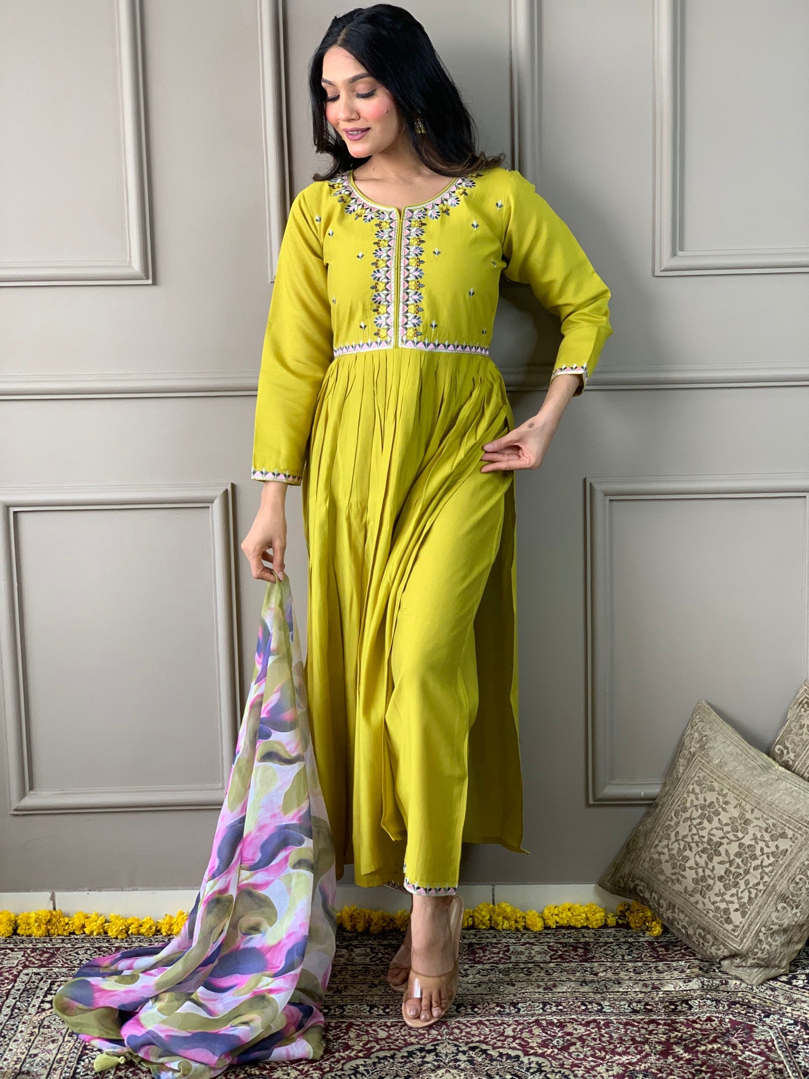 1722063170-2141185112 Lemon Yellow Viscose Chanderi Kurta with bottom and dupatta Dropshipera