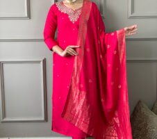 Beautiful Pink Viscose Chanderi Kurta Set with Bottom Wear and Dupatta