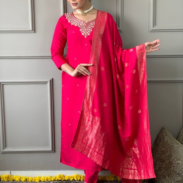 Beautiful Pink Viscose Chanderi Kurta Set with Bottom Wear and Dupatta