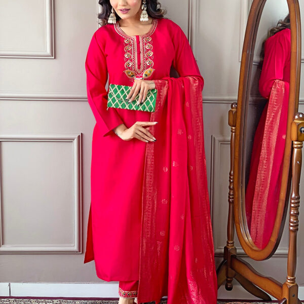 Beautiful Pink Viscose Chanderi Kurta Set with Bottom Wear and Dupatta