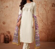 Women Embroidered Straight Kurta with Pants & Dupatta in White Color