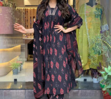 Black Cotton Faired Kurta Set with Bottom Wear and Dupatta set