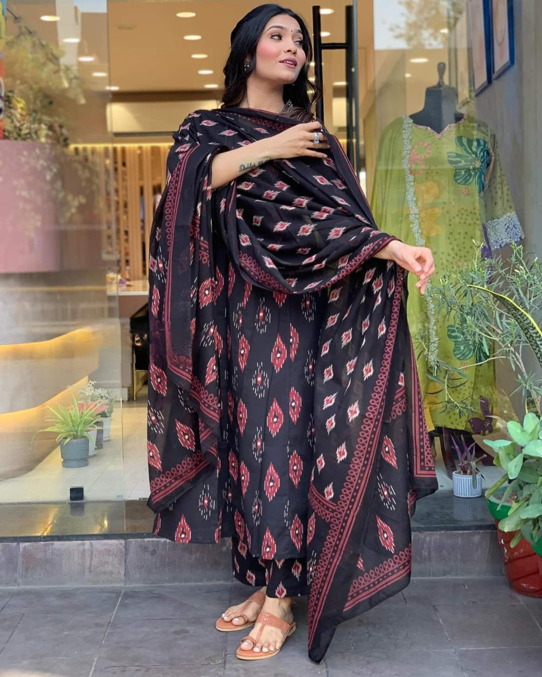 1722079311-254876753 Black Cotton Faired Kurta Set with Bottom Wear and Dupatta set Dropshipera