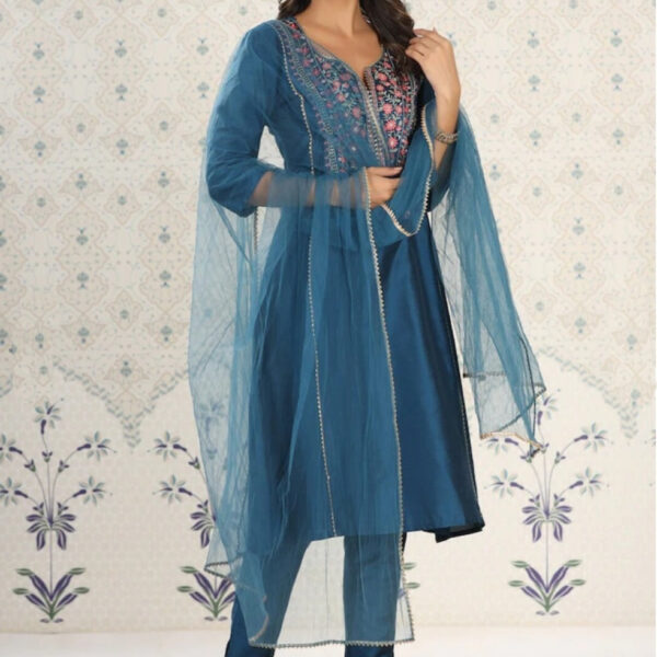 Beautiful Petrol Embroidered Kurta Set with Bottom Wear and Dupatta