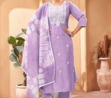 Beautiful and Simple Lavender colour Embroidered Kurta set With Bottom and Dupatta