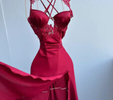 Romance in Maroon Nighty - Premium Satin Material (Maroon, Free Size)