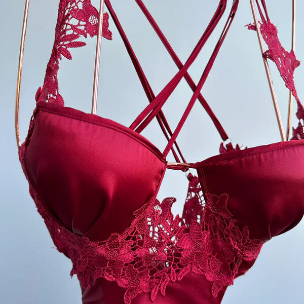 Romance in Maroon Nighty - Premium Satin Material (Maroon, Free Size)