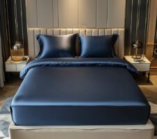 Blue Premium Satin Elastic Fitted Sheets with 2 Pillow Covers