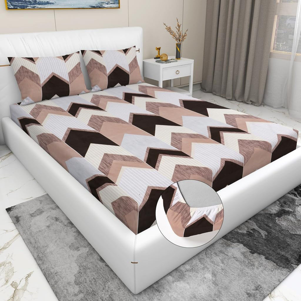 1727517523806-8 White -Grey -Black Cotton Elastic 160 TC King Bedsheet with 2 Pillow Covers