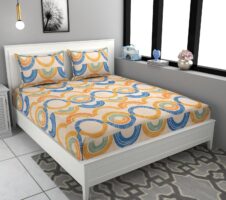 Orange and Blue Cotton Elastic 160 TC King Bedsheet with 2 Pillow Covers