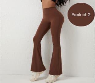 1731146674281-12 Women's Yoga Pant, Flare Pants, High Waist, Elastic, Casual, Sports (Brown, Pack of 2) 18358