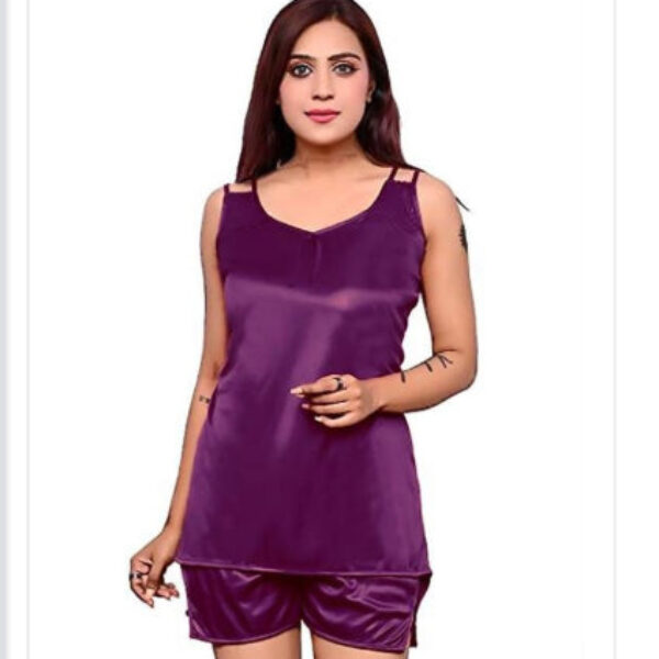 Satin Nightdress Set for Women (Purple, M)